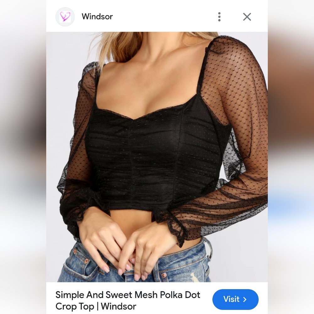 Windsor Simple And Sweet Black Sheer Mesh Sleeve Polka Dot Crop Top Size S